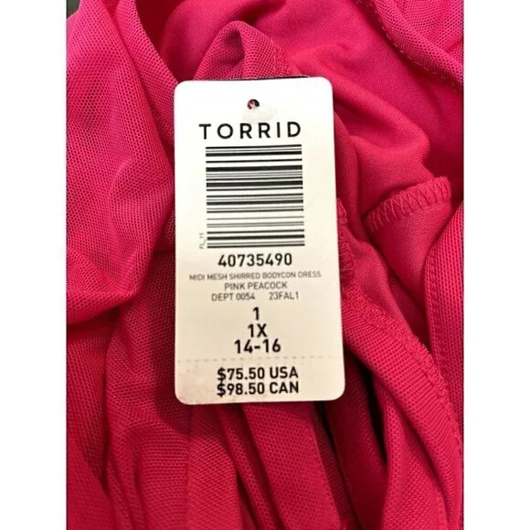 Torrid Plus Size 1, 1X, 14-16 Midi Mesh Bodycon Dress, Pink - Picture 7 of 9